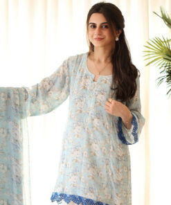 rangeen luxury printed raw silk suit | hibiscus glow