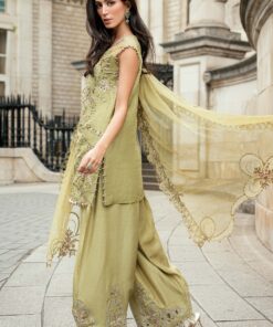 maria b soiree unstitched embroidered raw silk suit wf 09 08 olive green